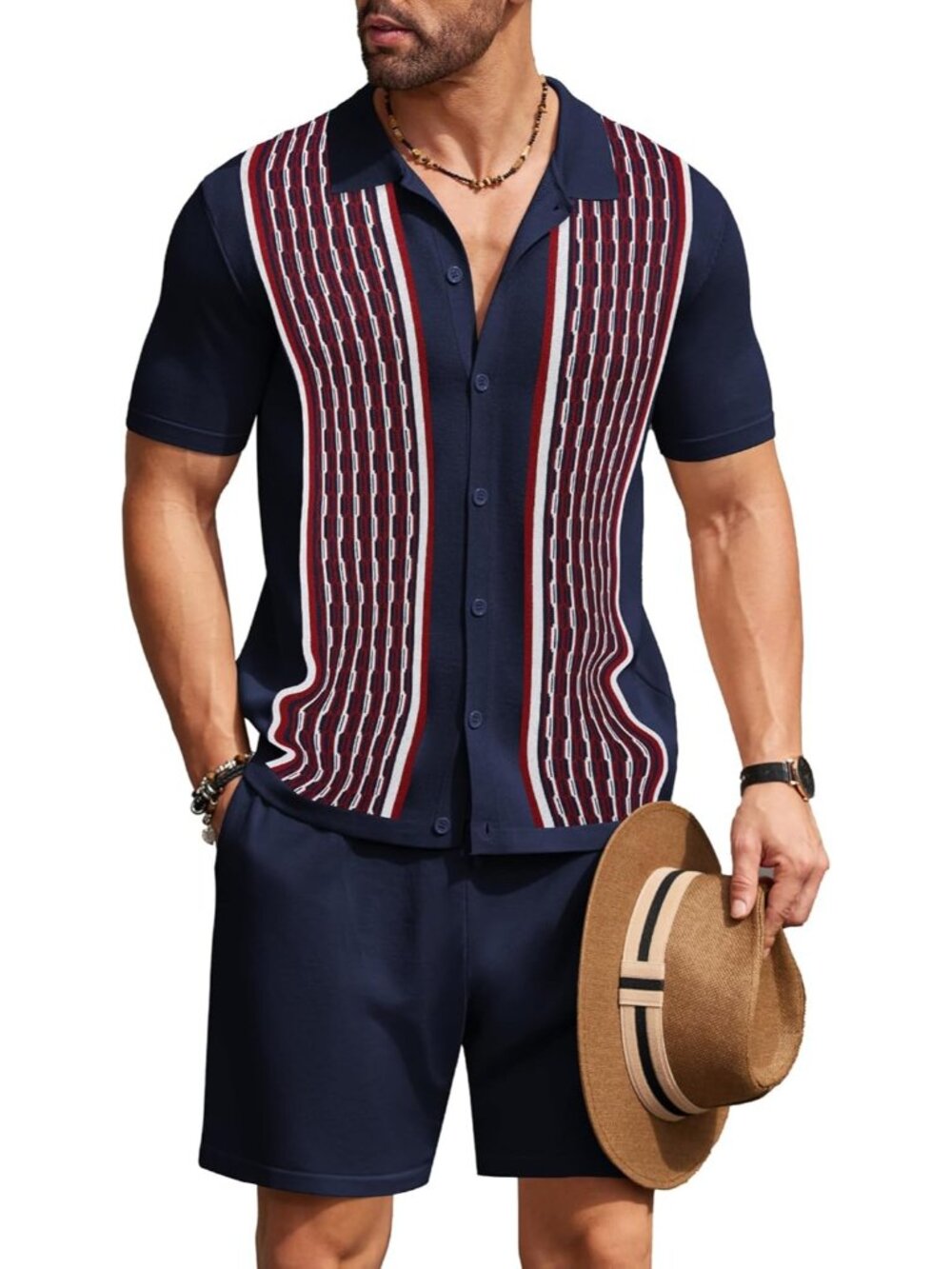 Coofandy Men's Navy Blue Vintage Short Sleeve Button Down Knit Polo Shirts